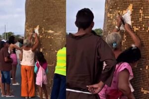 mulher-e-flagrada-arrancando-ladrilhos-da-estatua-de-sao-francisco-em-caninde,-no-ce
