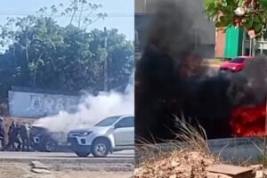 viatura-da-policia-militar-pega-fogo-em-avenida-movimentada-em-eusebio,-no-ceara;-veja-o-video