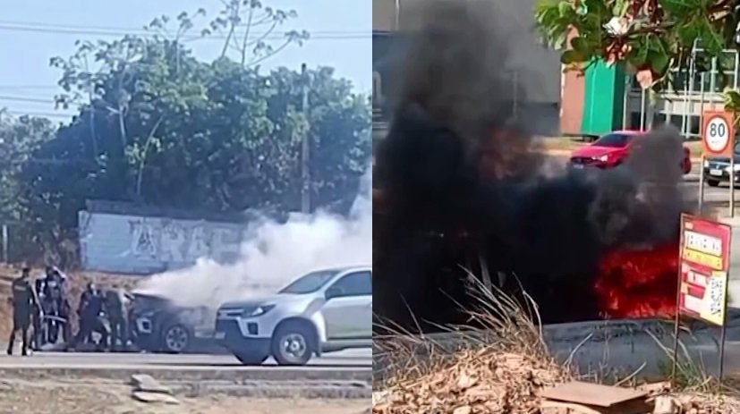 viatura-da-policia-militar-pega-fogo-em-avenida-movimentada-em-eusebio,-no-ceara;-veja-o-video