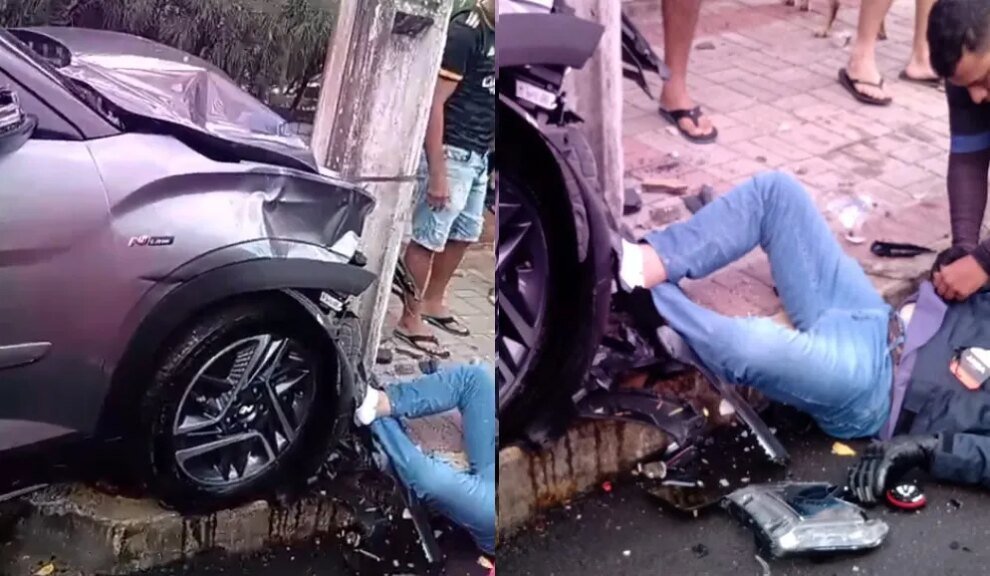 acidente:-carro-avanca-preferencial,-bate-em-moto-e-se-choca-contra-poste-em-fortaleza