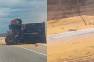 caminhao-com-carregamento-de-milho-tomba-em-estrada-no-ceara;-populacao-saqueia-a-carga