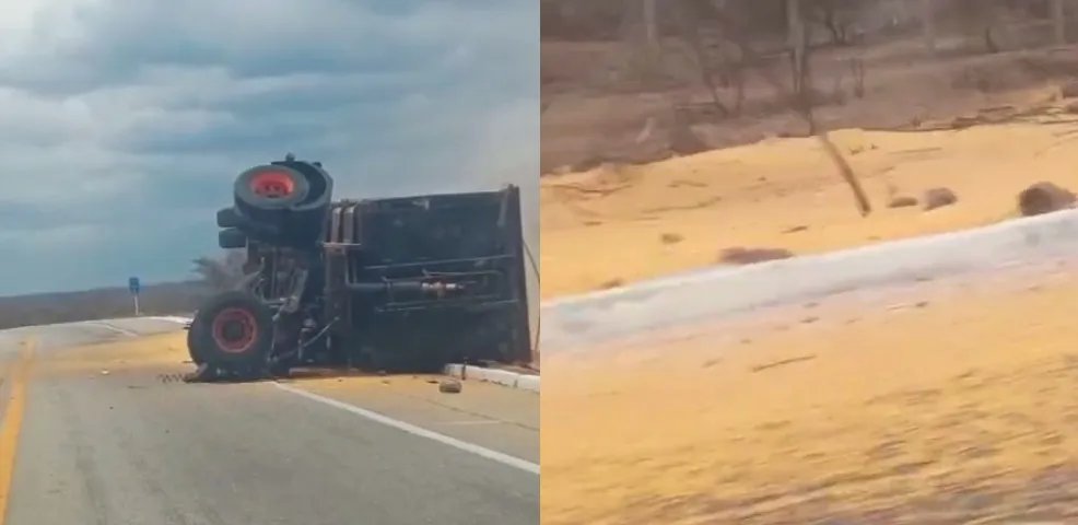 caminhao-com-carregamento-de-milho-tomba-em-estrada-no-ceara;-populacao-saqueia-a-carga